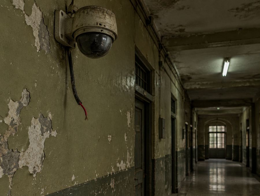 A CCTV camera with its cable cut