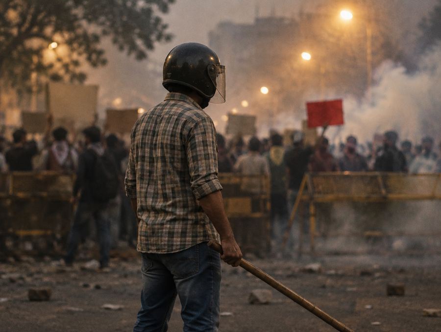 A man in plain clothes with a riot helmet and lathi at a protest