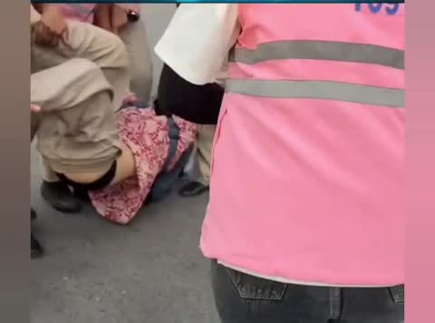 Woman protester held on the road